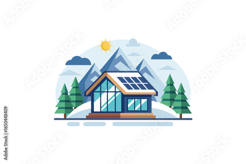 Mountain lodge with solar heating panels and natural surroundings