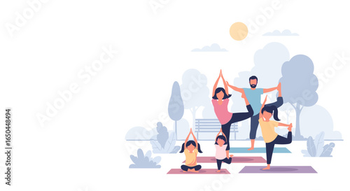 family yoga vector illustration park scene concept healthy lifestyle flat design