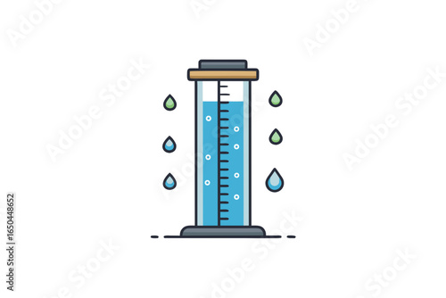 Rain gauge tube with marked scale and falling drops