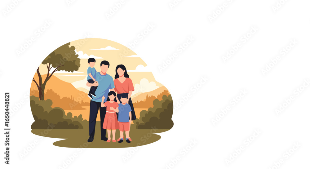 Obraz premium Happy Family Illustration Vector Design, Outdoor Scene, Flat Style, Parents and Children, Happiness 