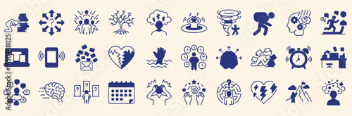 Workplace Stress and Mental Health Icon Set – Flat Design Illustrations Depicting Burnout, Anxiety, Overload, and Emotional Pressure
