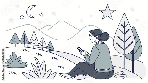 Serene Woman Uses Smartphone at Night, Mountain View, Minimalist Line Art Illustration