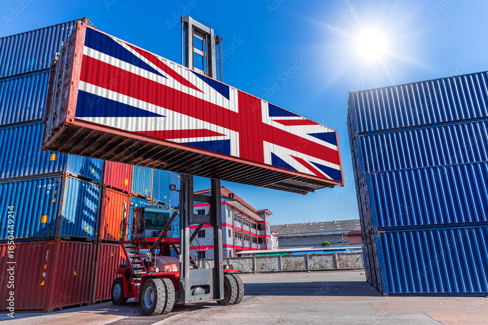 Obraz premium Products shipping cargo goods with United Kingdom flag for import export business from UK country