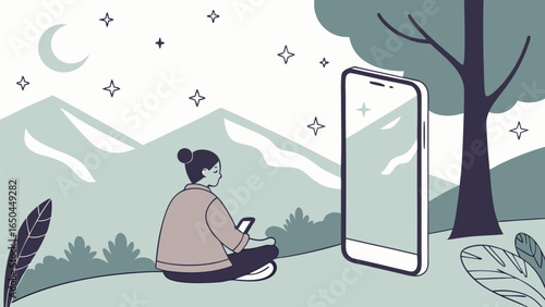 Serene Woman Using Smartphone in Mountain Landscape at Night, Minimalist Style