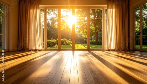 Sunlit hardwood floor in a room with large windows and sheer curtains, overlooking a garden
