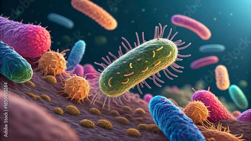 Closeup colorful image of gut bacteria culture under microscope, concept of microbiology and gut health.