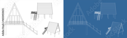Set vector blueprint of A-frame cabin house with stairs on stilts