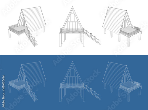 Vector blueprint of elevated A-frame cabin house on stilts