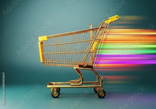 A gold shopping cart with motion blur on a gradient blue background