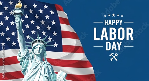 Happy Labor Day greeting card with the American flag and Statue of Liberty. Patriotic USA holiday vector illustration for workers celebration.