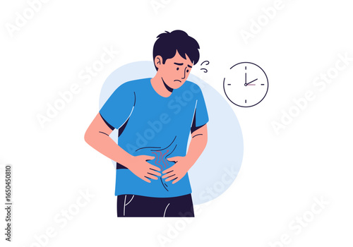 Young man clutching stomach in pain with clock symbol showing time and urgent medical condition