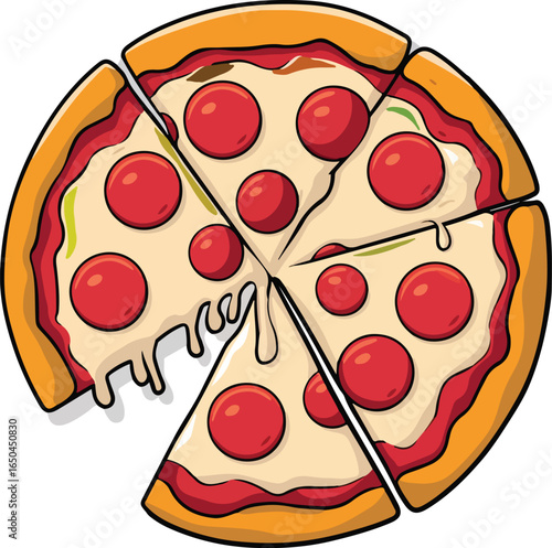 Generate an image of a pepperoni pizza, viewed from a slightly high-angle, overhead shot.  The pizza should be depicted in a vibrant, cartoonish style, reminiscent of children's book illustrations