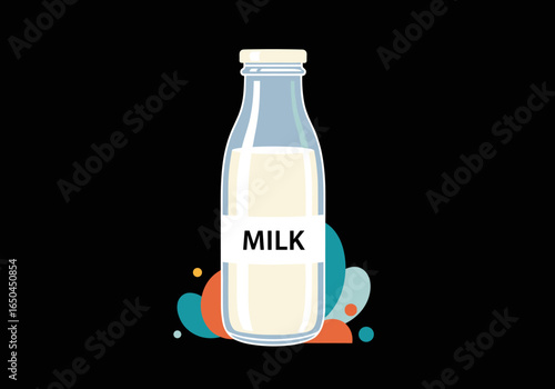 A clear glass bottle filled with white milk and a label