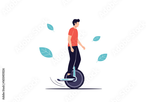 Young man riding a single wheel electric unicycle outdoors with leaves floating around
