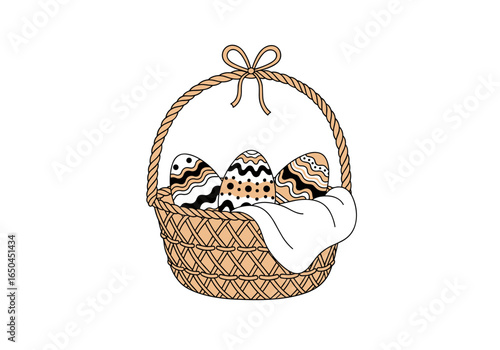 Decorative easter eggs nestled comfortably in a woven basket with a soft white blanket