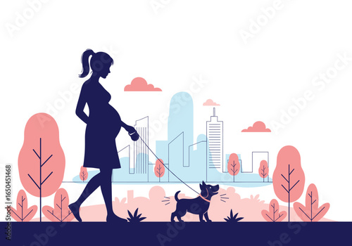 Pregnant woman walking a small dog in a park with a city skyline behind her