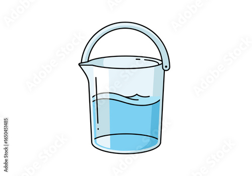 Illustration of a glass bucket filled with clear blue water and a metal handle