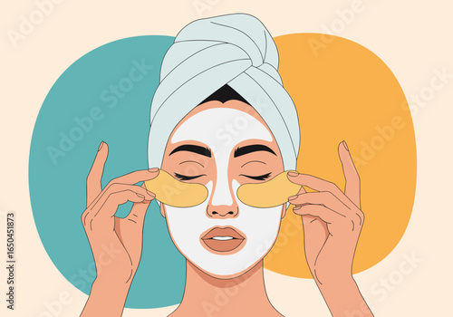 Beautiful woman applying under eye patches for glowing skin care