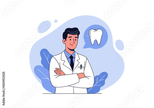 Dentist with crossed arms and a tooth in a speech bubble above