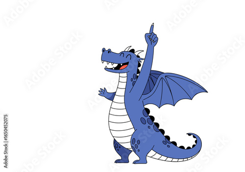 Cute blue dragon with wings and a happy expression pointing upwards
