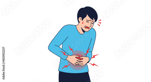 Man holding stomach experiencing severe abdominal pain discomfort cramps