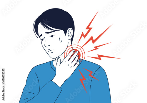 Man experiencing severe neck pain sore throat discomfort and inflammation illustration