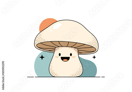 Cute cartoon mushroom character with a big happy smile