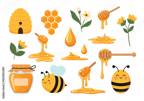 Sweet golden honey collection with adorable bees and blooming flowers