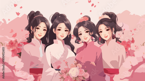 Smiling vogue Asian girls with Chinese traditional clothing, cartoon style