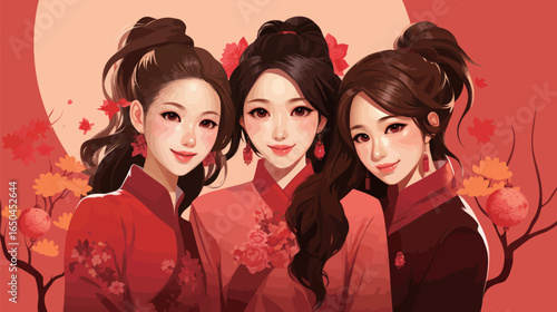 Smiling vogue Asian girls with Chinese traditional clothing, cartoon style