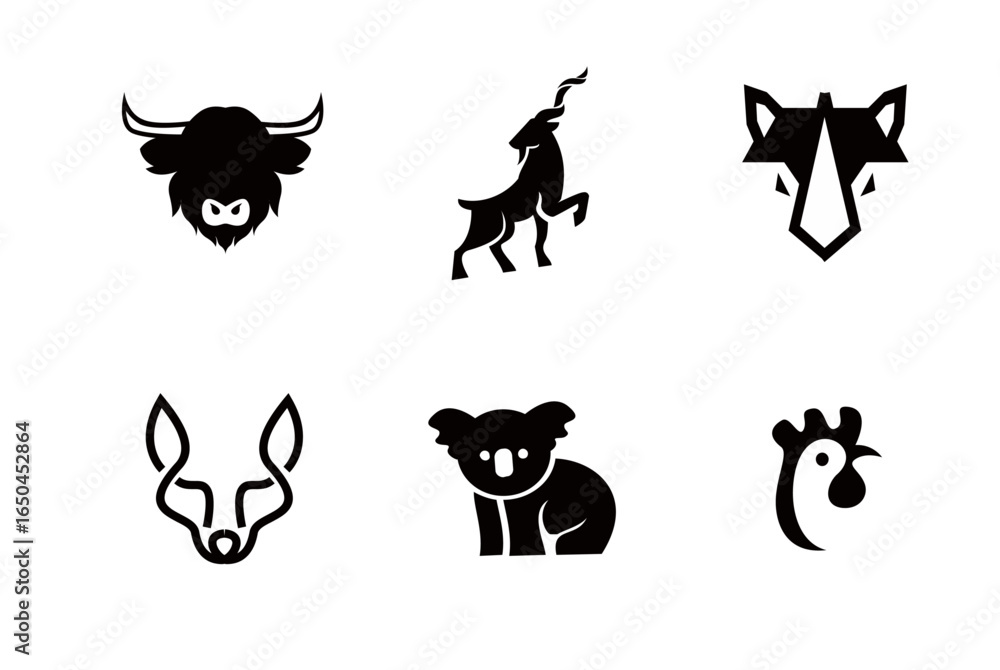 Fototapeta premium Animal Icons Set: Buffalo, Goat, Rhino, Fox, Koala, Rooster
