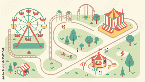 Charming Retro Amusement Park Map Illustration: Flat Design, Pastel Colors, Happy Mood