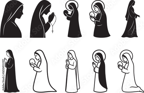 Mother Mary holy figure set in flat black silhouette vector illustration bundle for religious art
