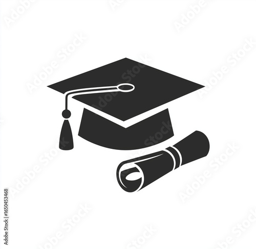 An icon of an elaborate academic cap and gown, with a rolled-up diploma beside it, simple shapes, flat design, white redground, vector art