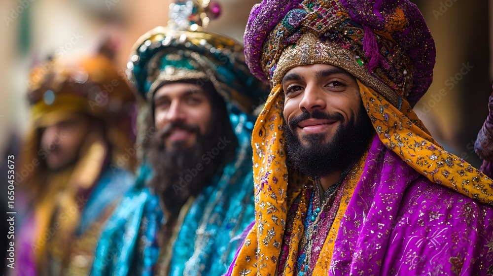 Fototapeta premium Three men in vibrant, ornate costumes and turbans, showcasing cultural richness. Festive attire with sparkling details evokes a Holiday Background. Ideal for diverse themes.