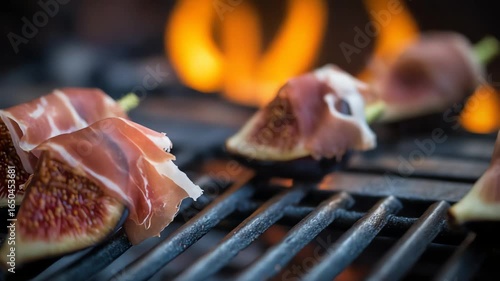 Figs wrapped in prosciutto on a grill