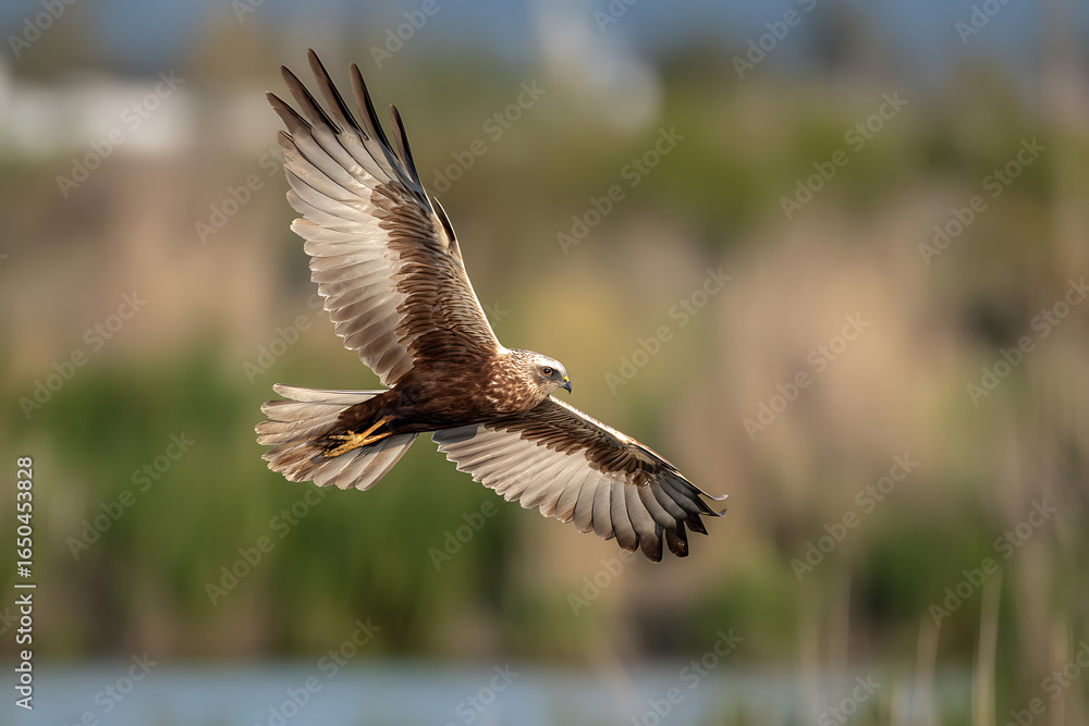 Western Marsh Harrier in graceful flight over natural wetland habitat Western Marsh Harrier in graceful flight over natural wetland habitat