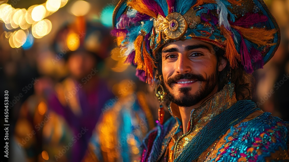 Fototapeta premium Man in vibrant carnival costume with ornate headdress and detailed clothing, beaming with joy. The holiday background suggests a festive celebration, ideal for microstock.