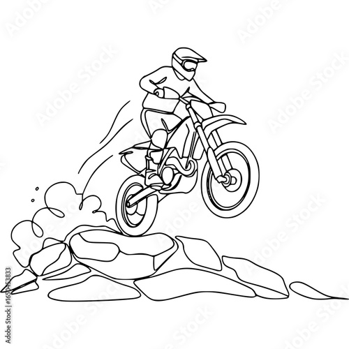 Motorcycle Acrobatics: A motorcycle speeds through mid-air, skillfully navigating challenging terrain. The line art illustration conveys dynamic movement and the spirit of outdoor adventure.