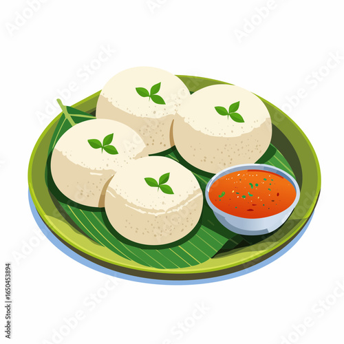 Idly sambar or Idli with Sambhar and green, red chutney. Popular South indian breakfast