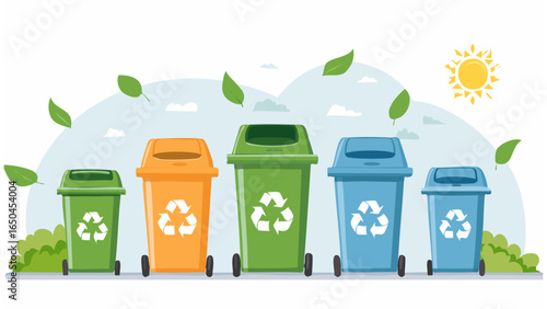 Eco-friendly lifestyle illustration showing people recycling waste, using green bins, and promoting environmental sustainability through proper garbage disposal