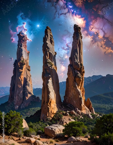 Three tall, slender rock formations rise from a landscape under a vibrant, cosmic sky