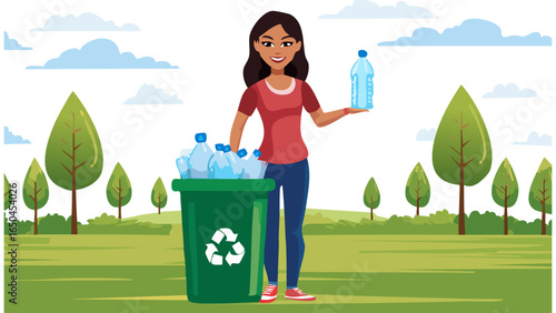 Eco-friendly lifestyle illustration showing people recycling waste, using green bins, and promoting environmental sustainability through proper garbage disposal