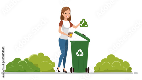 Eco-friendly lifestyle illustration showing people recycling waste, using green bins, and promoting environmental sustainability through proper garbage disposal