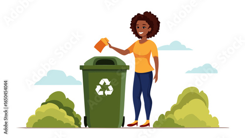 Eco-friendly lifestyle illustration showing people recycling waste, using green bins, and promoting environmental sustainability through proper garbage disposal