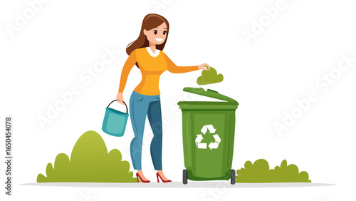 Eco-friendly lifestyle illustration showing people recycling waste, using green bins, and promoting environmental sustainability through proper garbage disposal