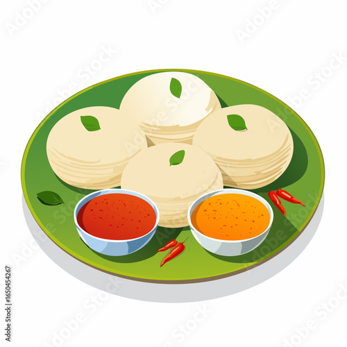 Idly sambar or Idli with Sambhar and green, red chutney. Popular South indian breakfast