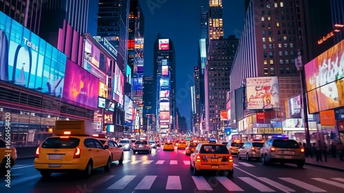 Spectacular Time Square at Night with Bright Billboards and Taxi Cabs in Motion