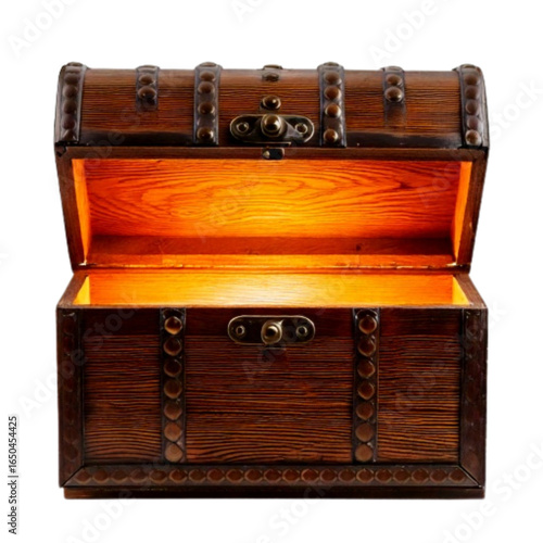 Front View of Open Wooden Chest with Golden Glow, isolated on transparent background