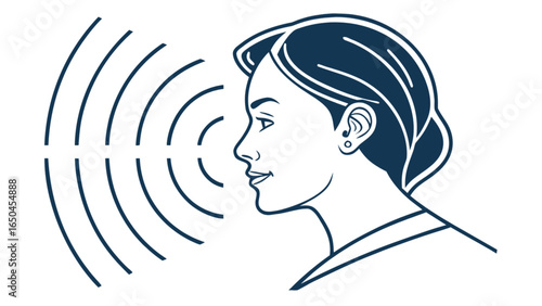 Woman listening hearing sound waves communication speech therapy audiology hearing loss awareness concept